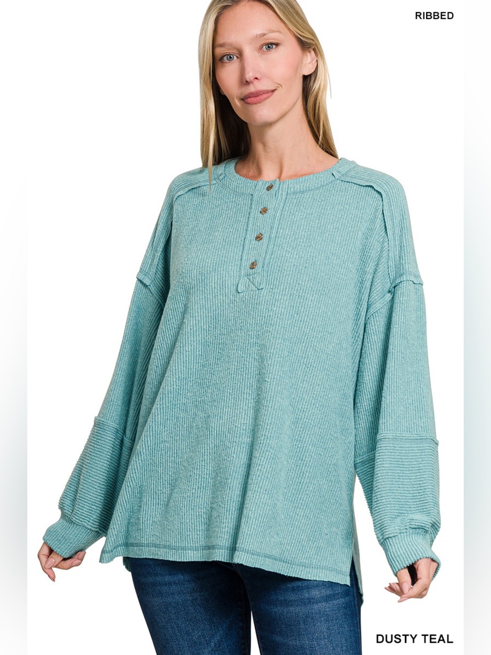 HT-2466A Zenana Dusty Teal Button Front Ribbed Melange Long Sleeve Top